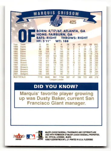 Original gloss Fleer Gold Backs Marquis Grissom baseball card from 2002 Fleer Gold series