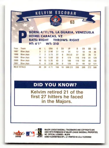 2002 Fleer Gold Backs #63 Kelvim Escobar NM-MT Blue Jays ID:61384 - Baseball Card Single