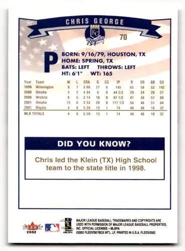 Original gloss Fleer Gold Backs Chris George baseball card from 2002 Fleer Gold Royals