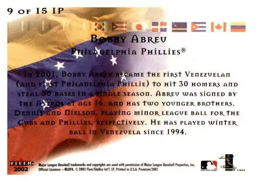 2002 Fleer Premium International Pride Bobby Abreu baseball card with original gloss, highly collectible