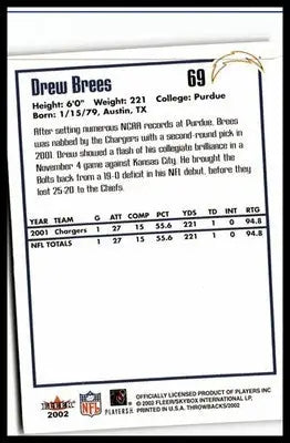 2002 Fleer Throwbacks #69 Drew Brees - Football Card Single