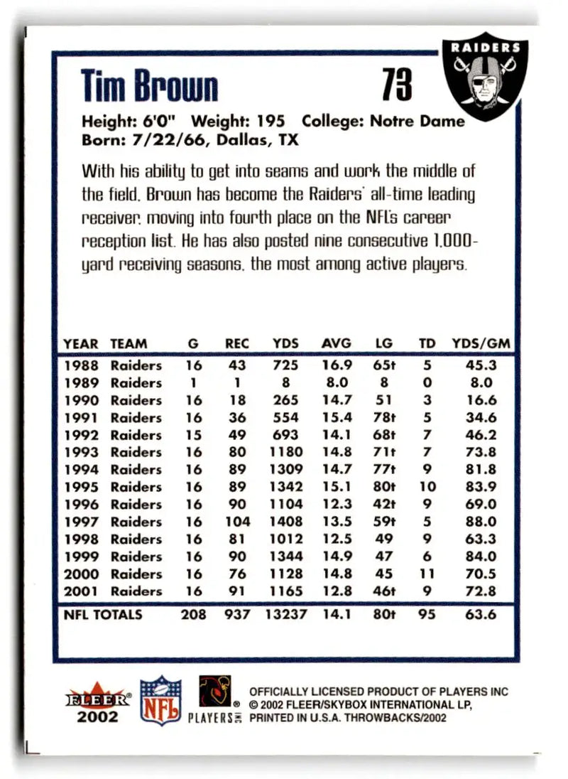 2002 Fleer Throwbacks #73 Tim Brown - Football Card Single