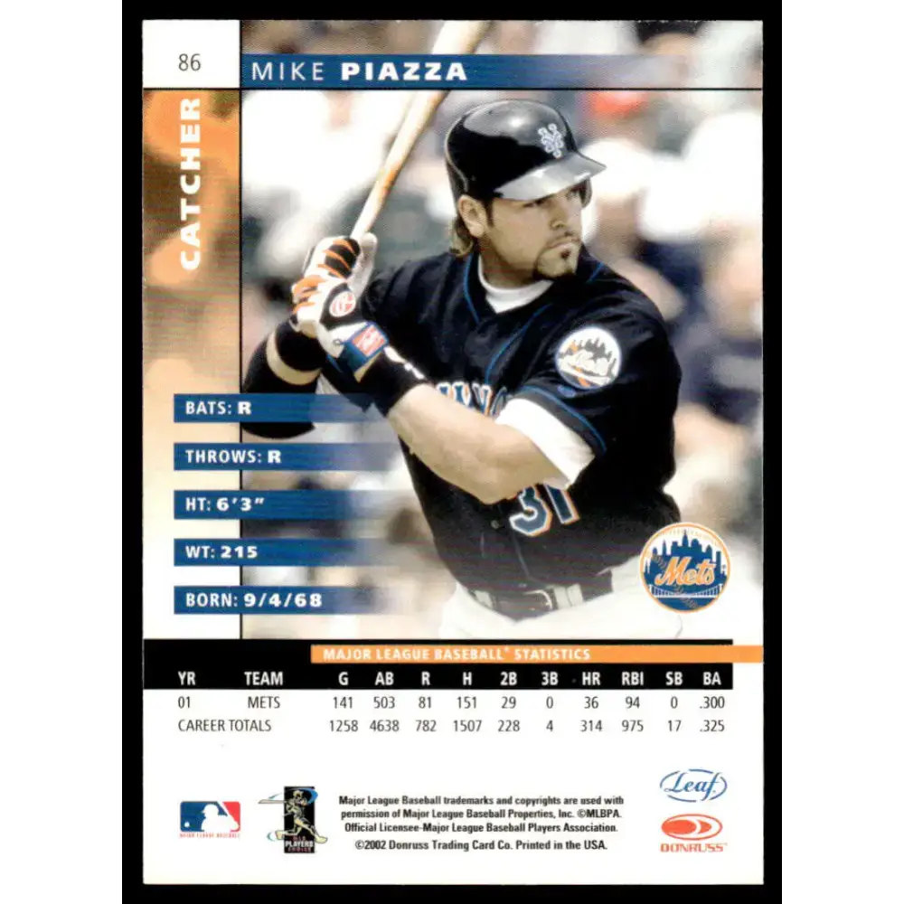 2002 Leaf #86 Mike Piazza EX/NM New York Mets Baseball Card - Baseball Card Single