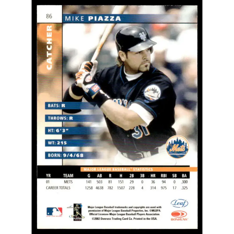 2002 Leaf #86 Mike Piazza EX/NM New York Mets Baseball Card - Baseball Card Single