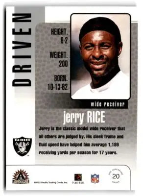 2002 Pacific Adrenaline #20 Jerry Rice Driven - Football Card Single