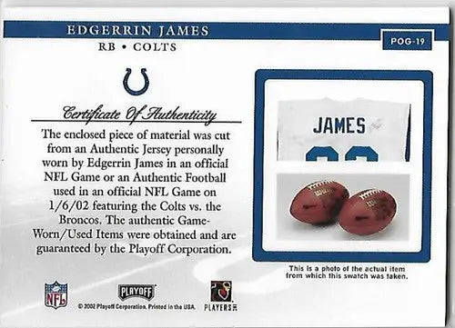 2002 Playoff Piece of the Game Materials #19F Edgerrin James NM-MT MEM ID:20631 - Football Card Single
