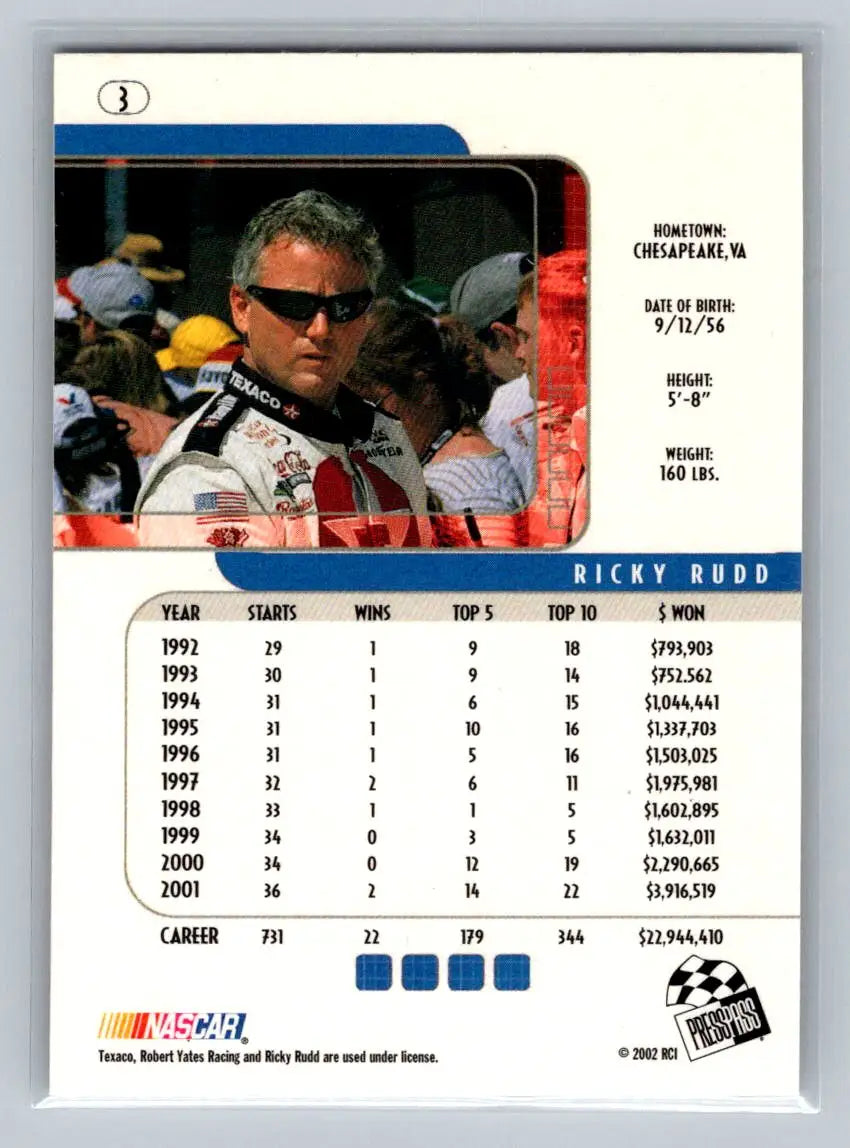 2002 Press Pass Eclipse #3 Ricky Rudd Robert Yates Racing - Racing Card Single