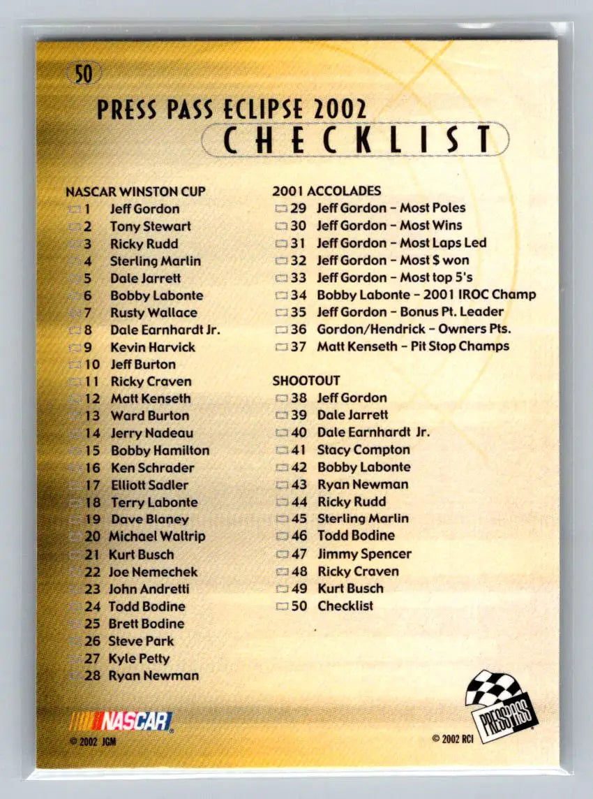 2002 Press Pass Eclipse #50 Jeff Gordon Hendrick Motorsports - Racing Card Single