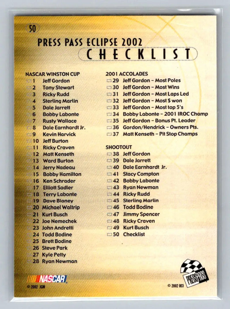 2002 Press Pass Eclipse #50 Jeff Gordon Hendrick Motorsports - Racing Card Single