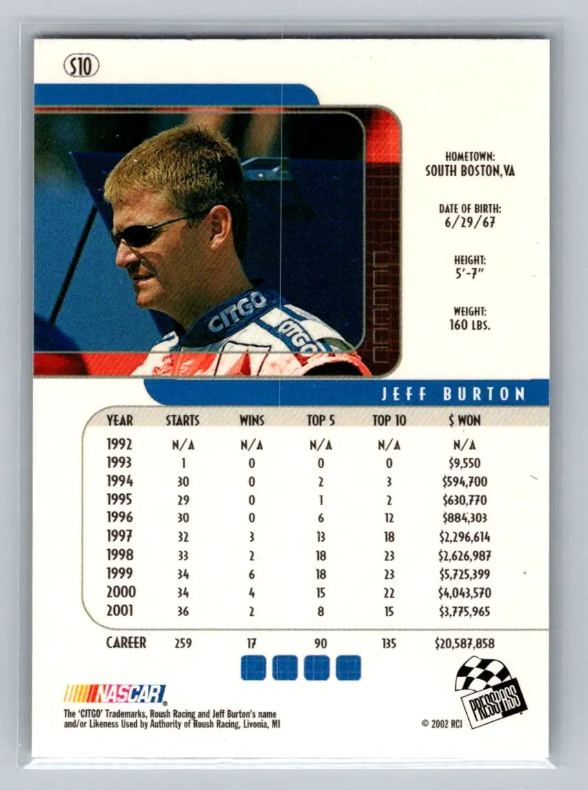2002 Press Pass Eclipse #S10 Jeff Burton Solar Eclipse Roush Racing - Racing Card Single