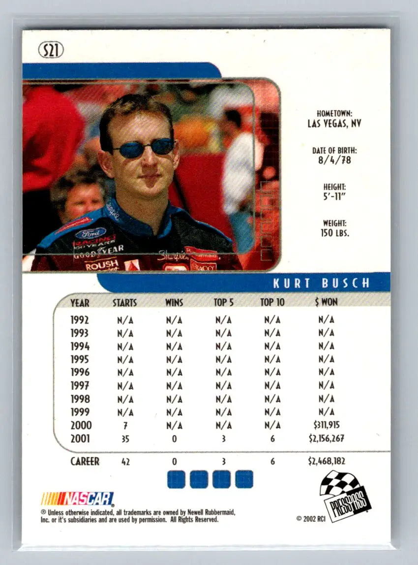 2002 Press Pass Eclipse #S21 Kurt Busch Solar Eclipse Roush Racing - Racing Card Single