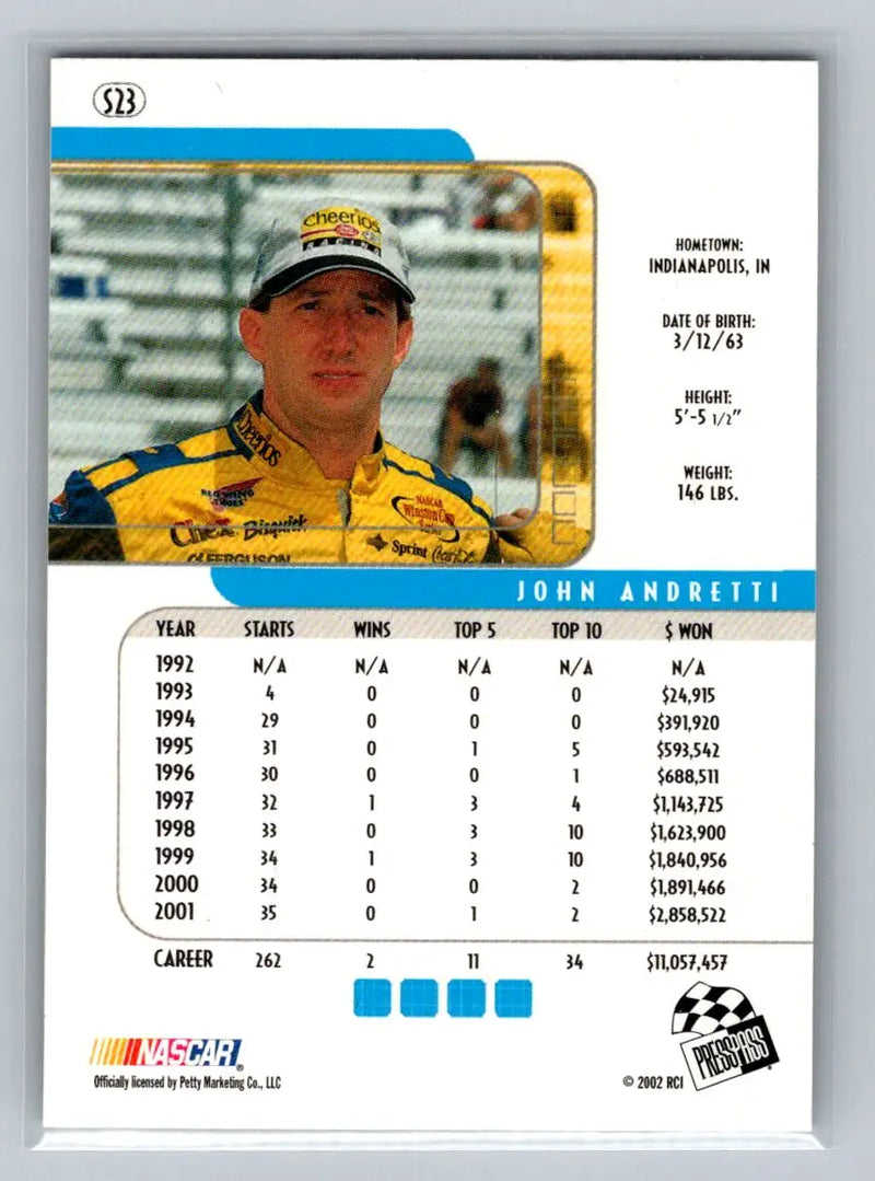 2002 Press Pass Eclipse #S23 John Andretti Solar Eclipse Petty Enterprises - Racing Card Single