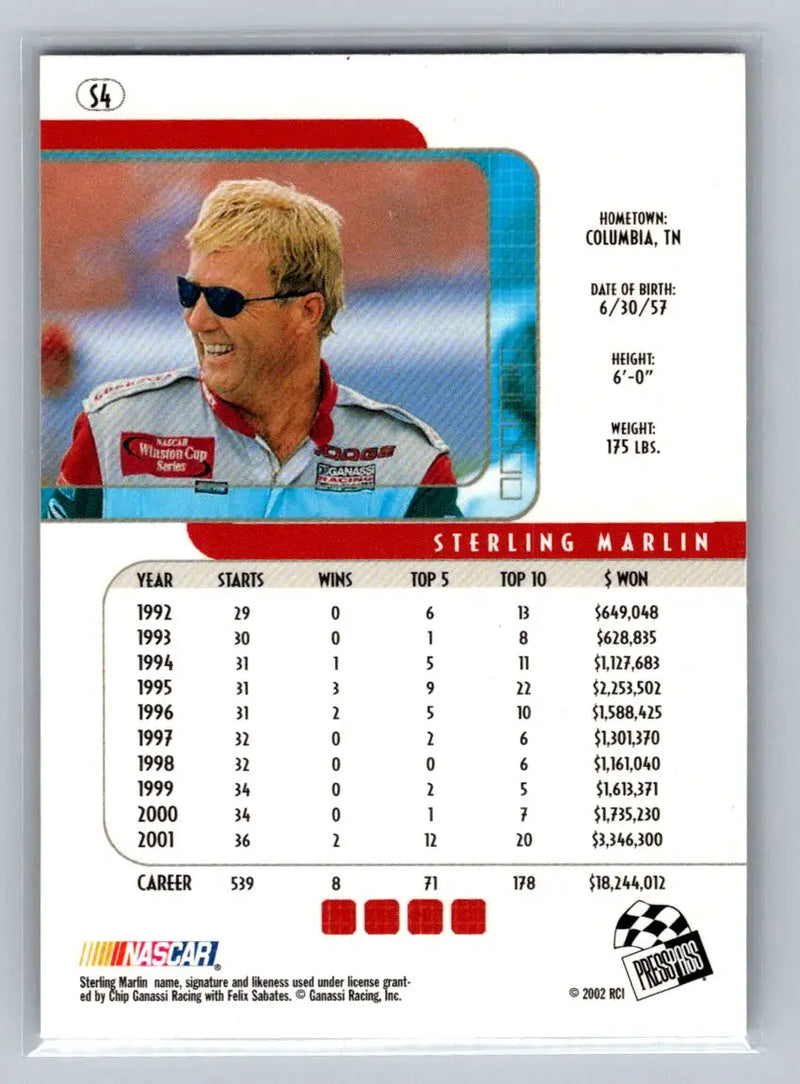 2002 Press Pass Eclipse #S4 Sterling Marlin Solar Eclipse Chip Ganassi Racing - Racing Card Single