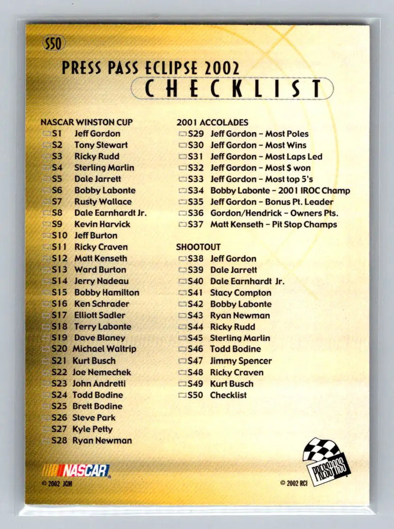 2002 Press Pass Eclipse #S50 Jeff Gordon Solar Eclipse Hendrick Motorsports - Racing Card Single