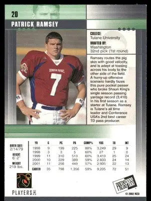 2002 Press Pass JE Patrick Ramsey #20 Football - Football Card Single