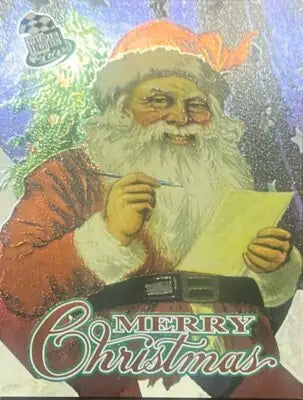 Santa writing on a list for Merry Christmas featuring Press Pass 2002 Season’s Greetings