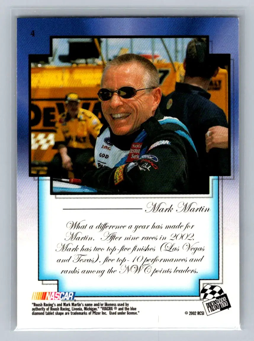 2002 Press Pass VIP #4 Mark Martin Roush Racing - Racing Card Single