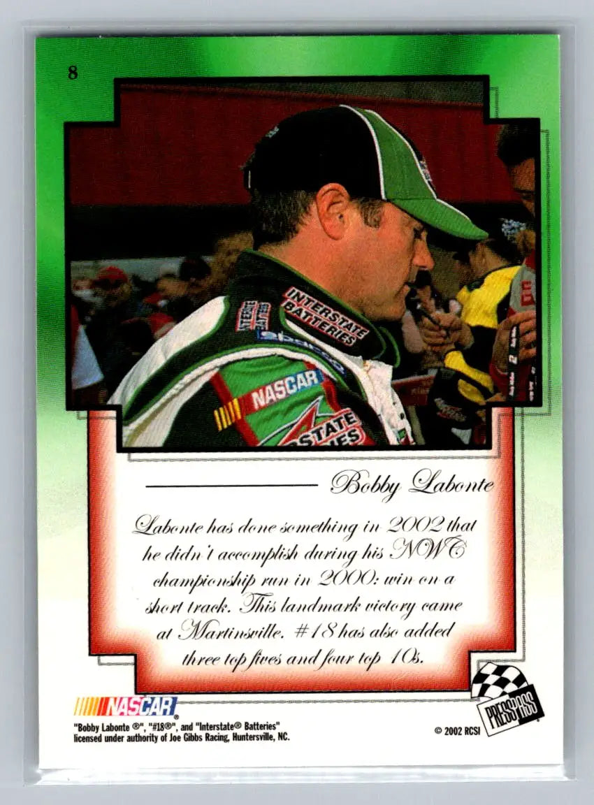 2002 Press Pass VIP #8 Bobby Labonte Joe Gibbs Racing - Racing Card Single