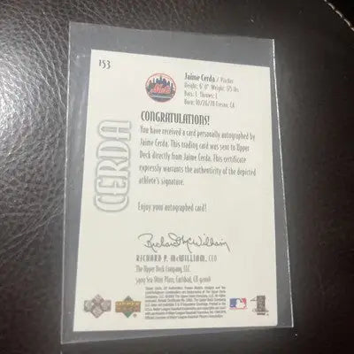Autographed Jaime Cerda Future Watch baseball card in protective sleeve for authentic collectors