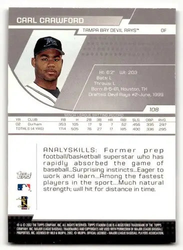 Original gloss Carl Crawford Tampa Bay baseball card from 2002 Stadium Club series