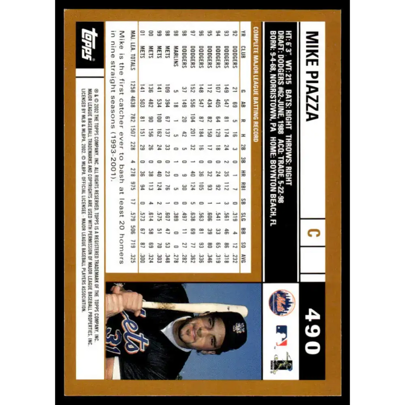 2002 Topps #490 Mike Piazza EX/NM New York Mets Baseball Card - Baseball Card Single