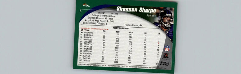 2002 Topps #6 Shannon Sharpe Denver Broncos - Football Card Single