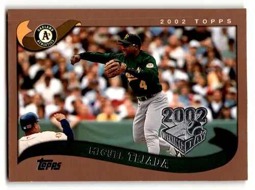 Miguel Tejada baseball card from 2002 Topps Opening Day series for Athletics