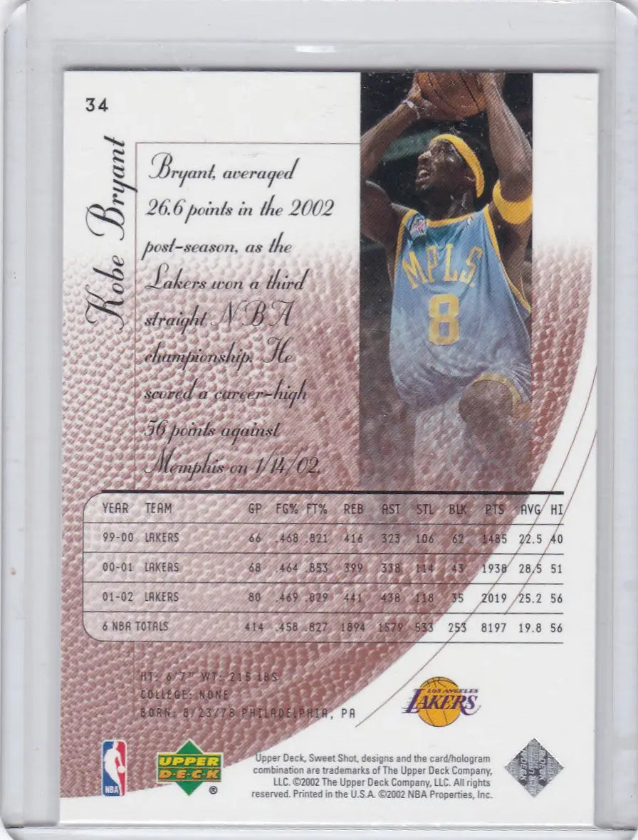 2002 UPPER DECK #34 KOBE BRYANT- LOS ANGELES LAKERS - Trading Cards