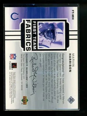 2002 Upper Deck First Team Fabrics Marvin Harrison #FT-MH Game Used Jersey - Sports Memorabilia