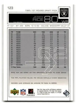 2002 Upper Deck Football Jerry Rice #123 Oakland Raiders - Football Card Single