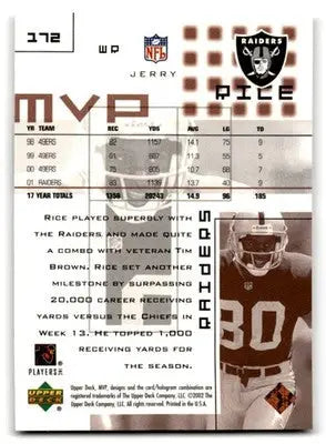 2002 Upper Deck Football MVP Jerry Rice #172 Oakland Raiders - Football Card Single