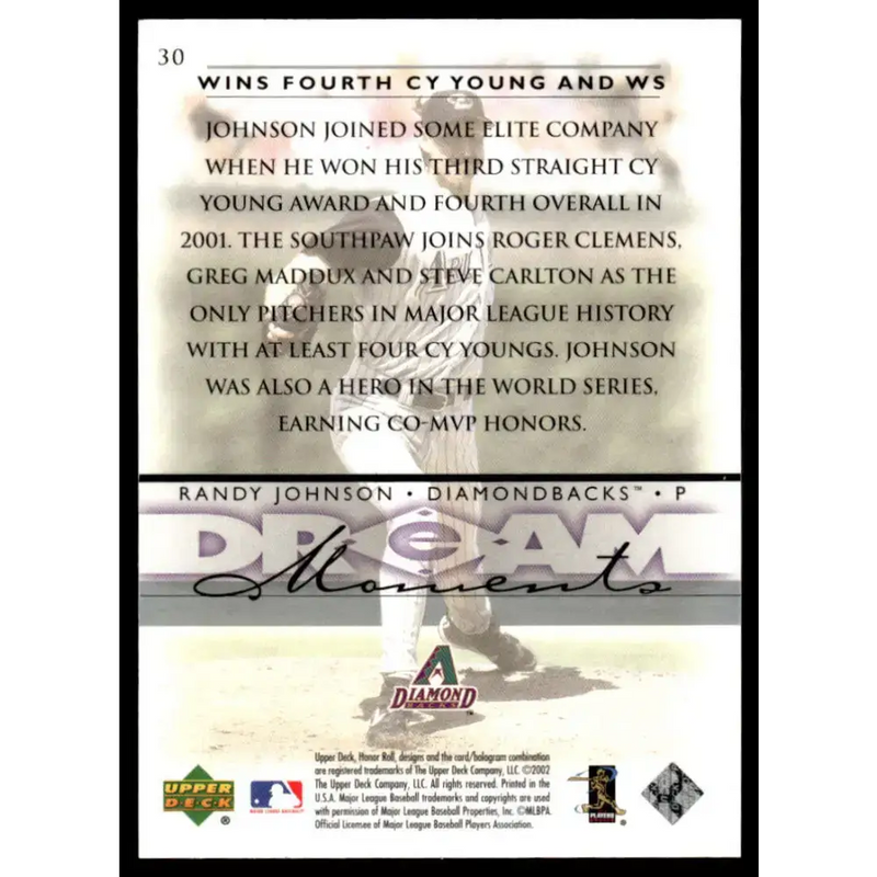 2002 Upper Deck Honor Roll #30 Randy Johnson EX/NM Arizona Diamondbacks Baseball Card - Baseball Card Single