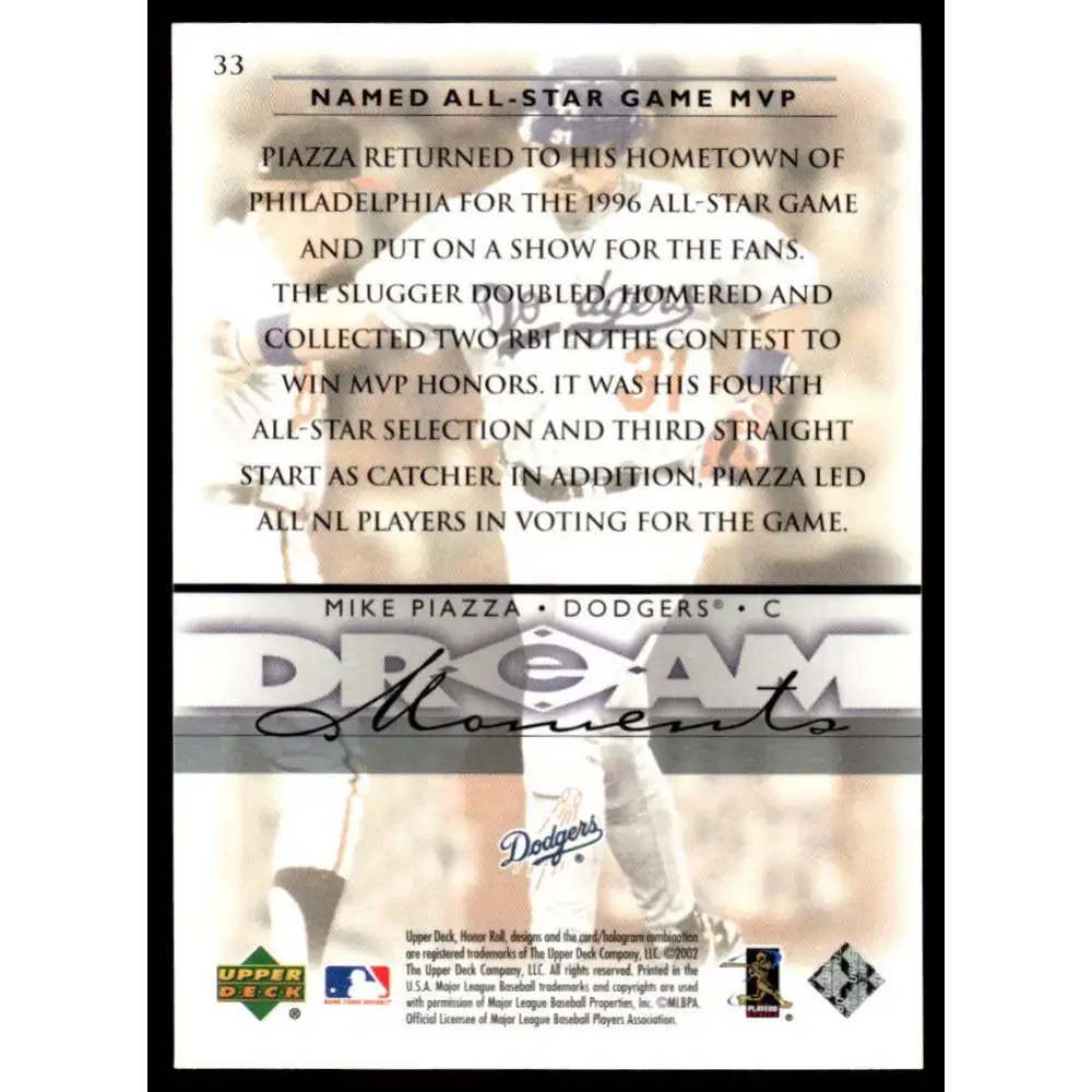 2002 Upper Deck Honor Roll #33 Mike Piazza EX/NM Los Angeles Dodgers Baseball Card - Baseball Card Single