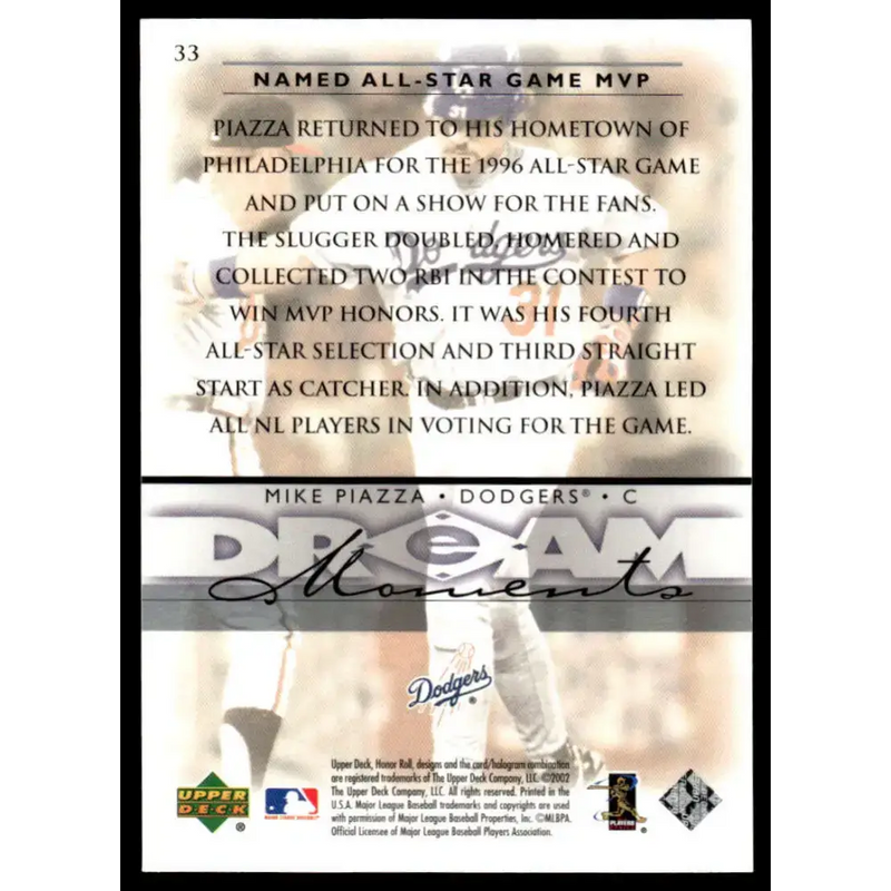 2002 Upper Deck Honor Roll #33 Mike Piazza EX/NM Los Angeles Dodgers Baseball Card - Baseball Card Single