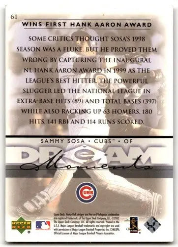 2002 Upper Deck Honor Roll Sammy Sosa baseball card with original gloss and vibrant colors
