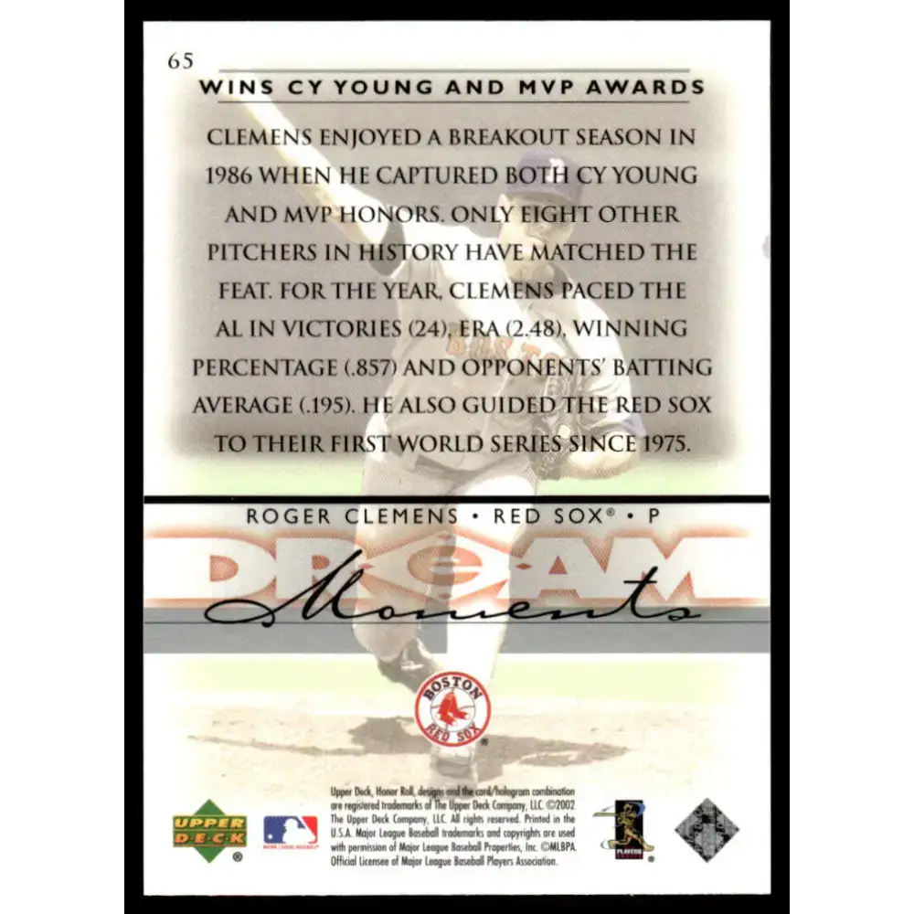2002 Upper Deck Honor Roll #65 Roger Clemens EX/NM Boston Red Sox Baseball Card - Baseball Card Single