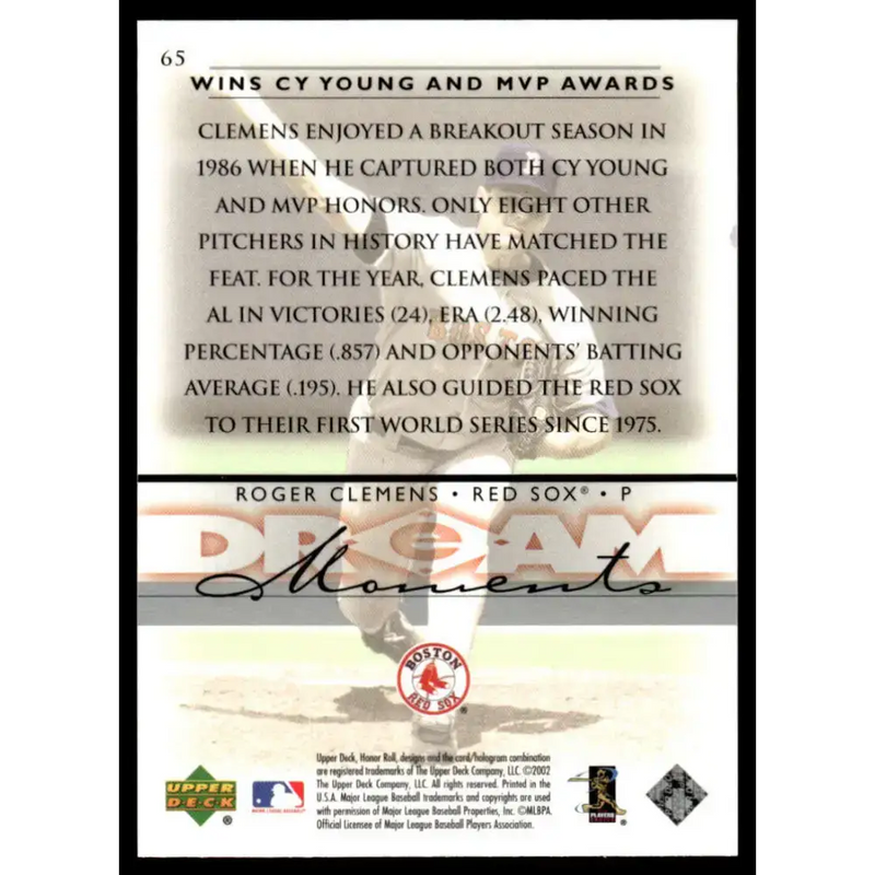 2002 Upper Deck Honor Roll #65 Roger Clemens EX/NM Boston Red Sox Baseball Card - Baseball Card Single
