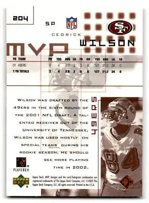 Cedrick Wilson football card from Upper Deck MVP 2002 #204 collectible sports card