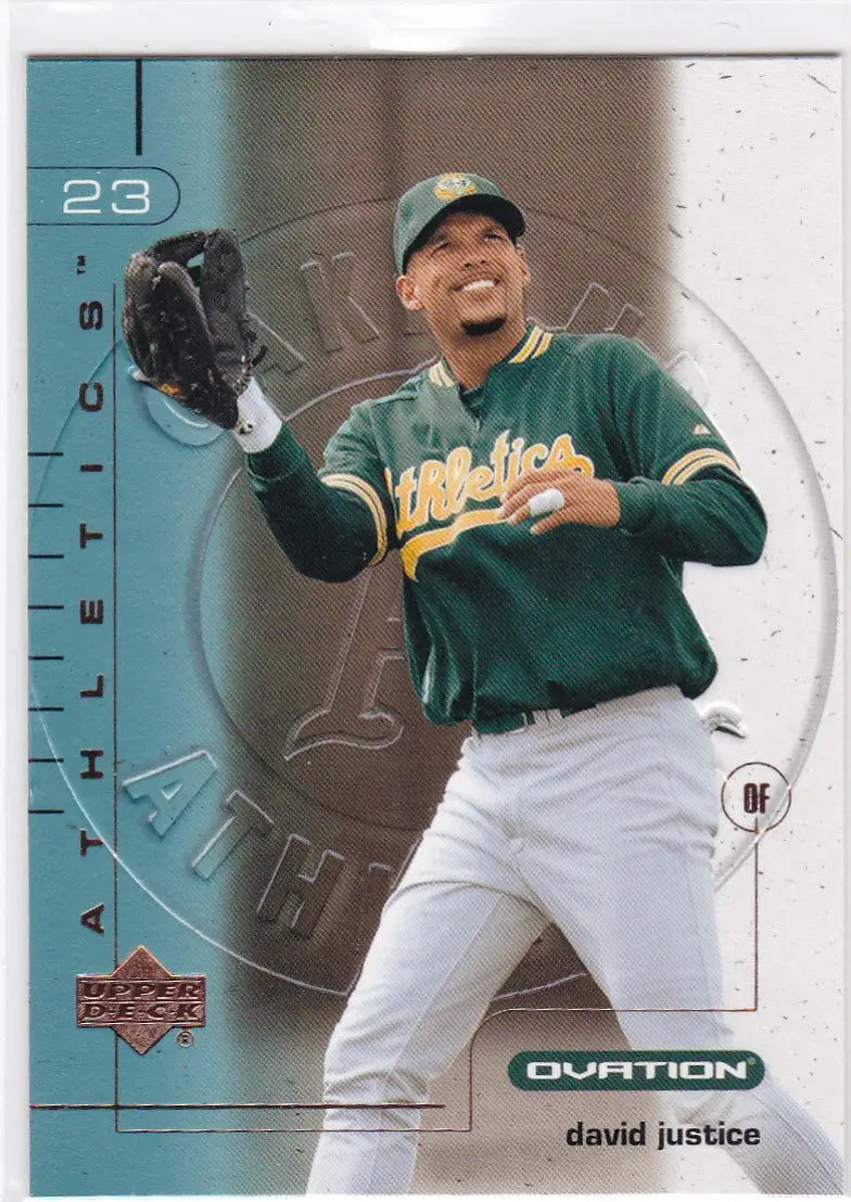 Baseball card of David Justice making a catch in Oakland Athletics gear, Upper Deck Ovation