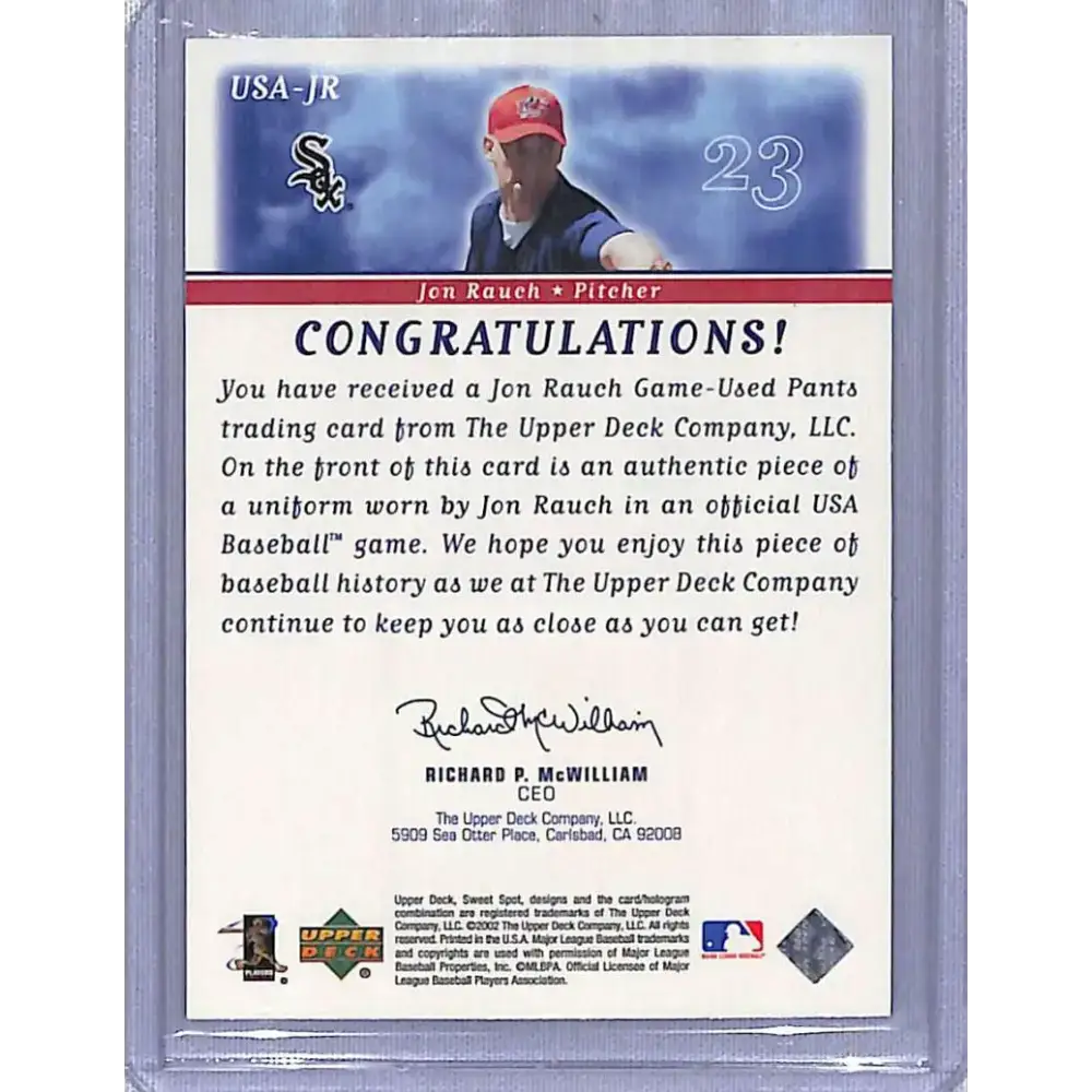 2002 Upper Deck Sweet Spot #USA-JR Jon Rauch USA Jerseys NM-MT Baseball Card - Baseball Card Single