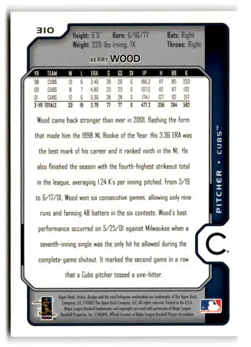 Original gloss Kerry Wood baseball card back from 2002 Upper Deck Victory Cubs ID 73272