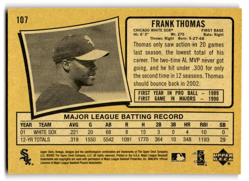 2002 Upper Deck Vintage #107 Frank Thomas - Baseball Card Single