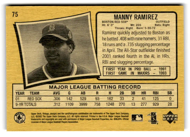 2002 Upper Deck Vintage #75 Manny Ramirez NM-MT Red Sox ID:81248 - Baseball Card Single