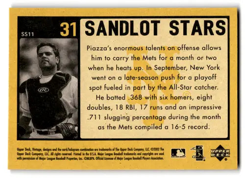 2002 Upper Deck Vintage Sandlot Stars #SS11 Mike Piazza NM-MT Mets ID:70298 - Baseball Card Single