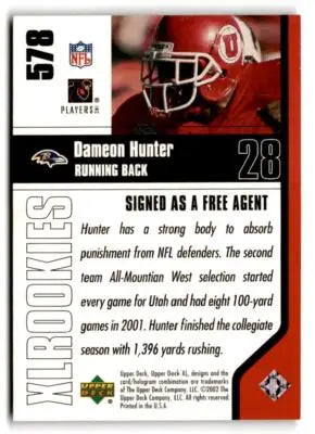 Dameon Hunter football card from 2002 Upper Deck XL featuring Baltimore Ravens player