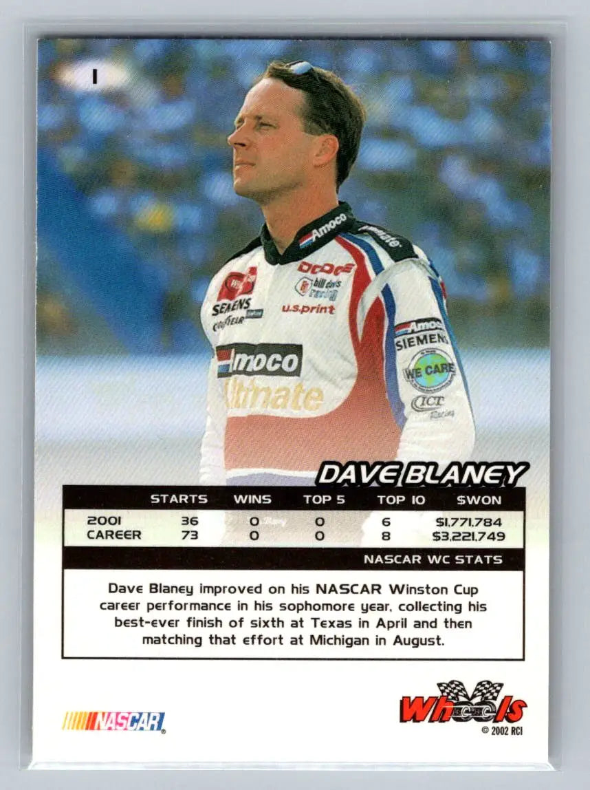 2002 Wheels High Gear #1 Dave Blaney Bill Davis Racing - Racing Card Single