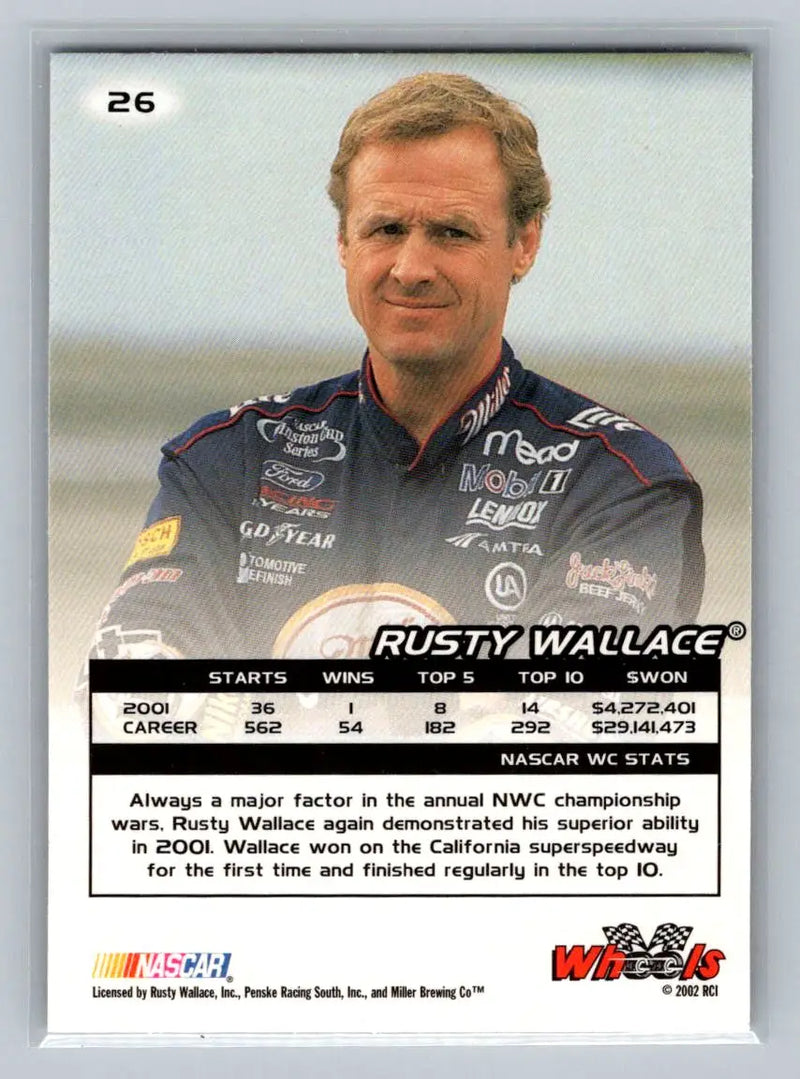 2002 Wheels High Gear #26 Rusty Wallace Penske Racing South - Racing Card Single