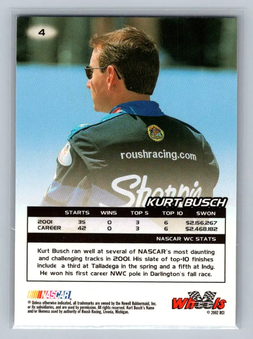 2002 Wheels High Gear #4 Kurt Busch Roush Racing - Racing Card Single