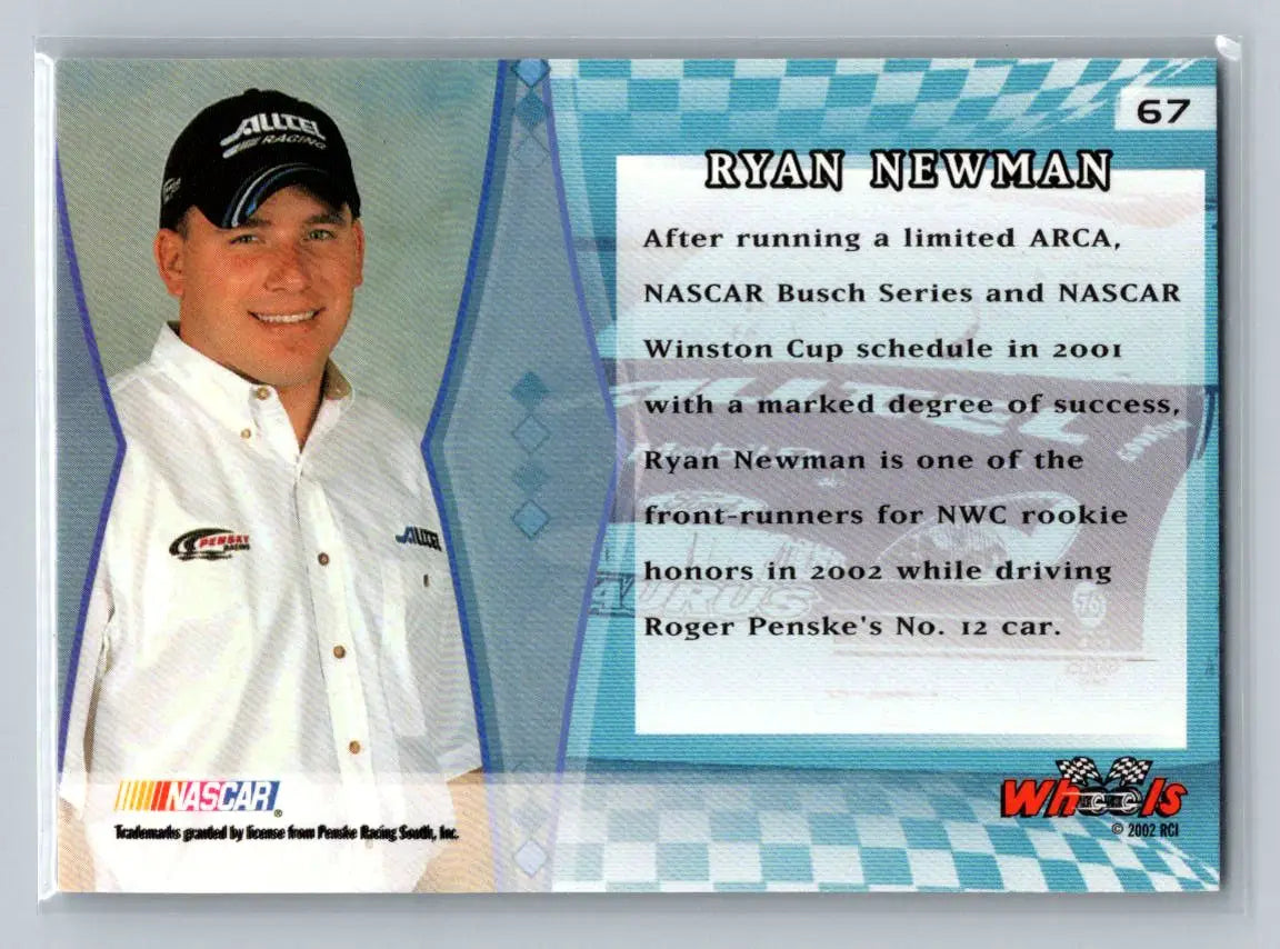 2002 Wheels High Gear #67 Ryan Newman Penske Racing South - Racing Card Single