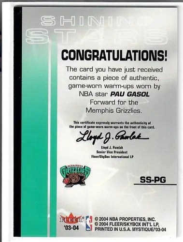 2003-04 Fleer Mystique Shining Stars Warmups #SSPG Pau Gasol NM-MT MEM ID:72671 - Basketball Card Single